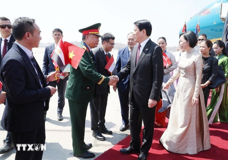 Le président Luong Cuong et son épouse arrivent au Caire pour une visite en Égypte. Photo : VNA.