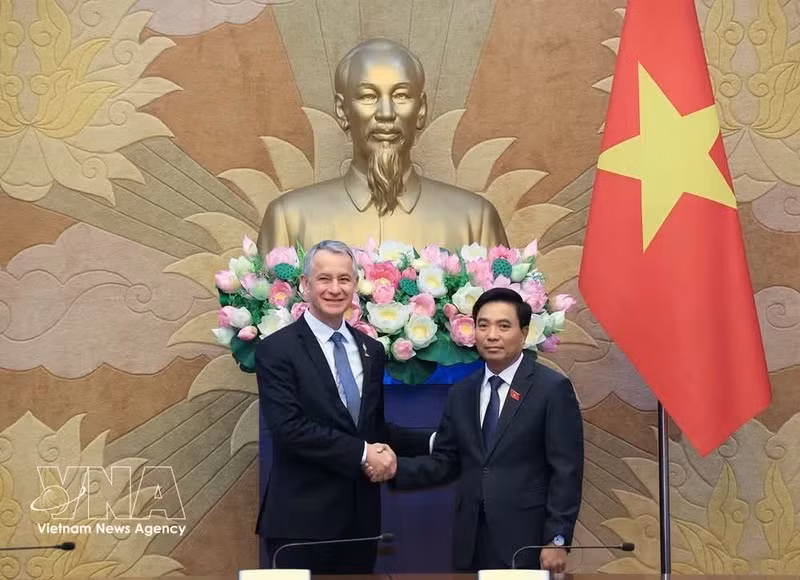 Le vice-président de l’Assemblée nationale du Vietnam, Nguyên Doan Anh (à droite) serre la main du président de la Commission de la défense nationale et des forces armées de l’Assemblée nationale française, Jean-Michel Jacques, à Hanoi, le 2 juin. Photo : VNA.