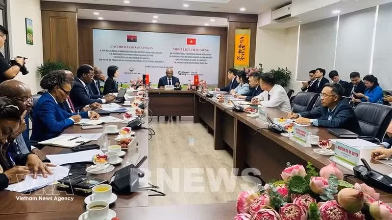 Réunion entre des représentants du Centre national de vulgarisation agricole (NAEC) du Vietnam et la délégation du ministère angolais de l’Agriculture et des Forêts, conduite par son ministre Isaac Francisco Maria dos Anjos. Photo : VNA.