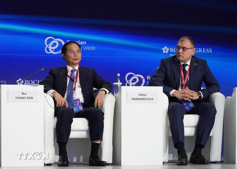 Le vice-Premier ministre Bui Thanh Son (à gauche) lors du 8e Forum international de la Semaine russe de l’énergie, à Moscou. Photo : VNA.