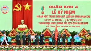 Le président Luong Cuong remet l’Ordre de la Protection de la Patrie de première classe à la zone militaire 3. Photo : NDEL