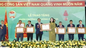 La vice-présidente de la République Vo Thi Anh Xuân remet l'Ordre du Travail de troisième classe à l’Association des paysans pour la libération du Centre et des Hauts Plateaux du Vietnam. Photo: nld.com.vn