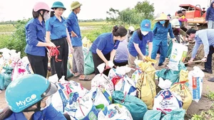 Des membres de l'Union des jeunes et des volontaires de la commune de Nam Phu, ainsi que les forces vives et la population, ont construit des sacs de sable pour empêcher l'eau du fleuve Rouge de déborder dans les villages. Photo : NDEL