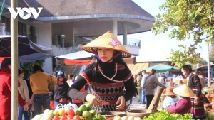 Une jeune femme de Van Kieu présente de produits typiques de sa communauté afin de les faire découvrir au public lors de la Foire commerciale des régions montagneuses. Photo : VOV. 