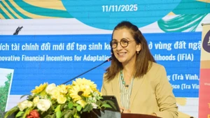 Anupa Rimal Lamichhane, spécialiste principale régionale en matière de changement climatique et d'environnement, Division Asie et Pacifique, présente un aperçu du projet. Photo : baovinhlong.com.vn