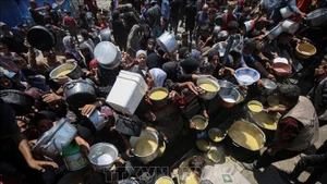 Des habitants attendent de recevoir des vivres de secours à Gaza. Photo : VNA.