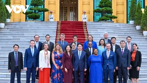 Le président Luong Cuong (au milieu du 1er plan) avec la coordinatrice résidente de l’ONU et les chefs des agences onusiennes au Vietnam. Photo : VOV.