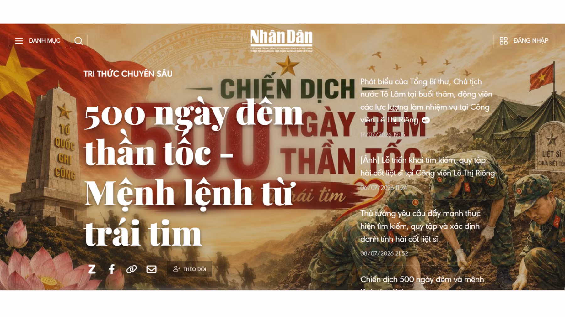 Capture d'écran du nouveau dossier consacré à la Campagne des 500 jours et nuits sur la plateforme éditoriale « Tri thức chuyên sâu » du Journal Nhân Dân.