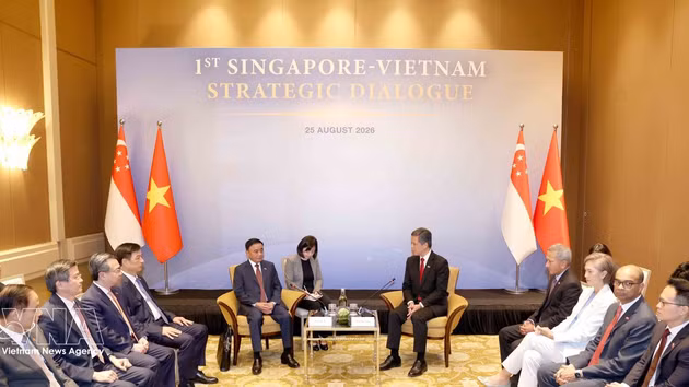 Cérémonie d'accueil solennel du membre du Bureau politique et permanent du Secrétariat Tran Cam Tu à Singapour. Photo : VNA. 