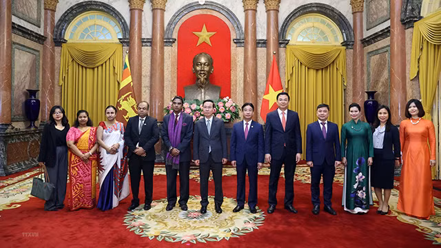 Cérémonie de réception de nouveaux ambassadeurs des Émirats arabes unis, du Sri Lanka et du Chili, venant présenter leurs lettres de créance. Photo : VNA.