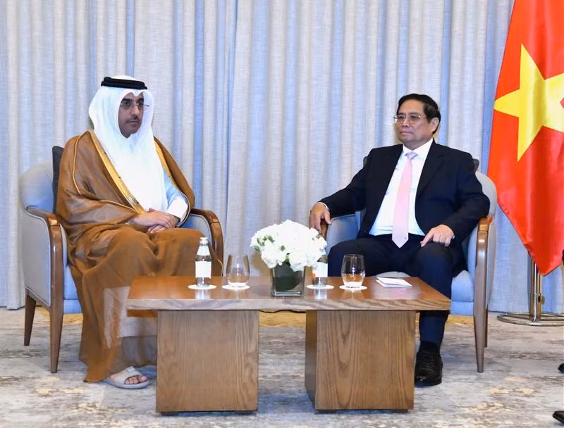 Le Premier ministre vietnamien Pham Minh Chinh (droite) rencontre Ali bin Samikh Al Marri, ministre qatarien du Travail. Photo : VNA.
