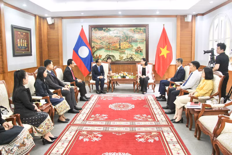 La vice-ministre de la Culture, des Sports et du Tourisme, Trinh Thi Thuy, a reçu le 19 août à Hanoï, la délégation du Bureau du Cabinet du ministère de l'Information, de la Culture et du Tourisme du Laos. Photo : toquoc.vn