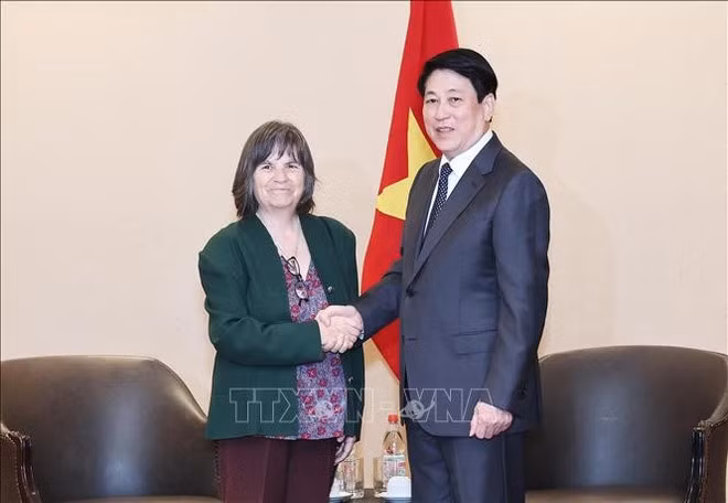 Le président vietnamien, Luong Cuong, et la présidente de l'Institut culturel d'amitié Chili-Vietnam, Patricia Abarzua. Photo : VNA.
