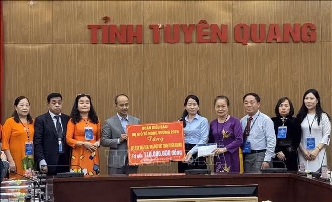 La délégation des Vietnamiens d'outre-mer présente des dons, contribuant au programme d'élimination de l'habitat précaire dans la province de Tuyên Quang. Photo : VNA.