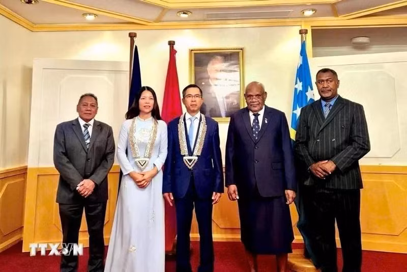 L'ambassadeur du Vietnam en Australie et aux Îles Salomon, Pham Hung Tam (centre) présente ses lettres de créance au gouverneur général et président du Parlement des Îles Salomon, John Patteson Oti, à Honiara, capitale des Îles Salomon, le 5 mars. Photo : VNA.