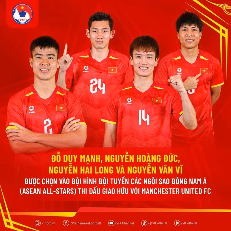 Les footballeurs vietnamiens Nguyen Hoang Duc, Nguyen Van Vi, Nguyen Hai Long et Do Duy Manh rejoindront l'équipe des ASEAN All-Stars, qui disputera un match amical contre Manchester United. Photo : VNA.