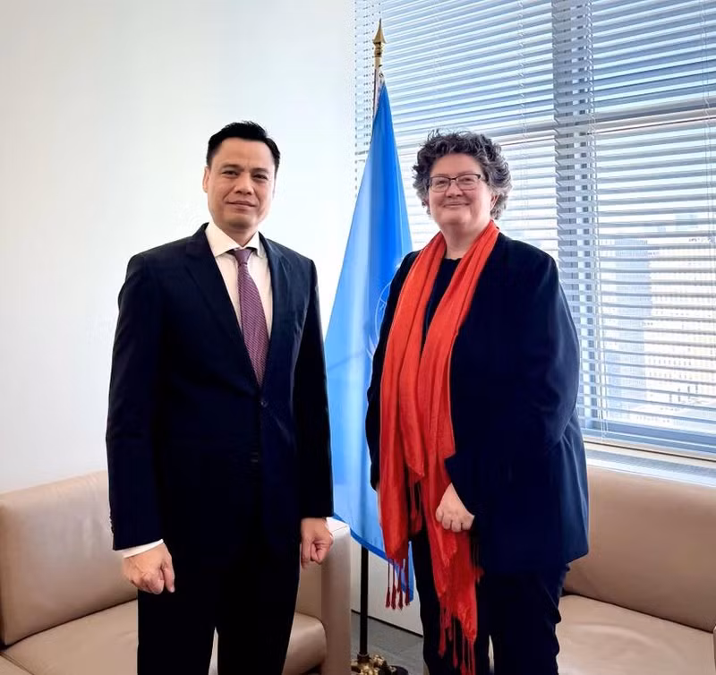 La secrétaire générale adjointe aux affaires juridiques et conseillère juridique des Nations Unies, Elinor Hammarskjöld et l'ambassadeur Dang Hoang Giang, chef de la Mission permanente du Vietnam auprès de l'ONU. Photo : VNA.