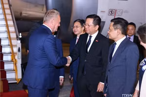 Le ministre vietnamien des Sciences et des Technologies, Vu Hai Quan, accueille le Premier ministre polonais Donald Tusk, à l'aéroport international de Noi Bai (Hanoï). Photo : VNA.
