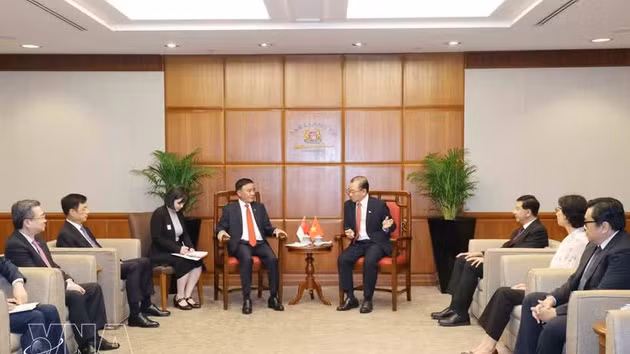 Panorama de la rencontre entre le membre du Bureau politique et permanent du Secrétariat du Comité central du PCV, Tran Cam Tu, et le président du Parlement de Singapour, Seah Kian Peng. Photo : VNA.