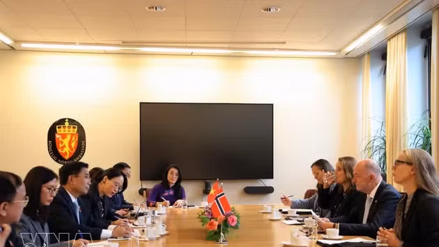 Le vice-président de l’Assemblée nationale Nguyen Doan Anh s’entretient avec le premier vice-président du Parlement norvégien, Morten Stordalen. Photo : VNA.