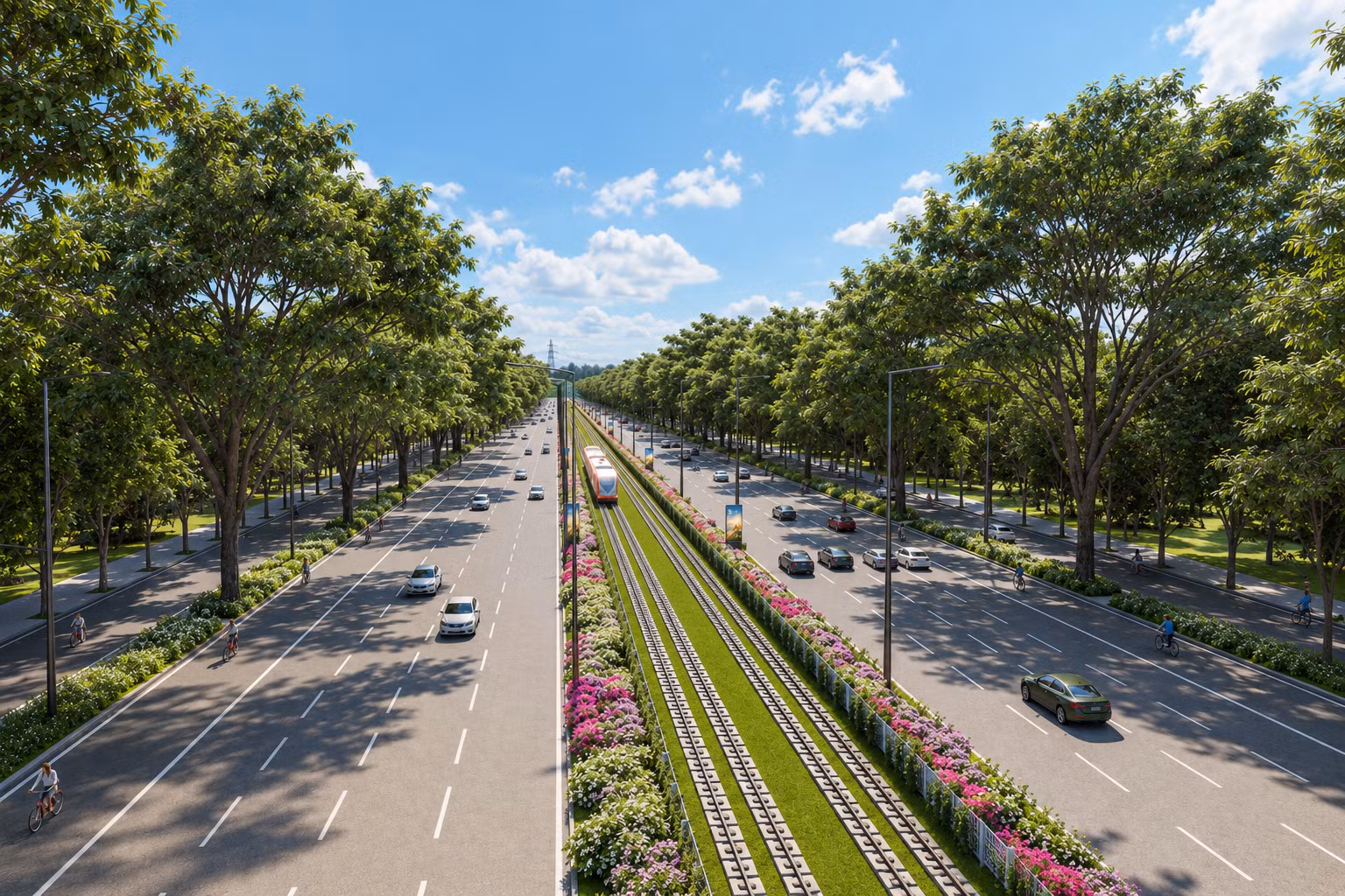 La ligne ferroviaire à double voie s’étendra sur environ 17,59 km : 14,81 km au niveau du sol, 0,78 km en viaduc et près de deux kilomètres en souterrain dans le secteur central du complexe de conférences et d’expositions. Ce passage souterrain permettra d’éviter les croisements à niveau dans cette zone.