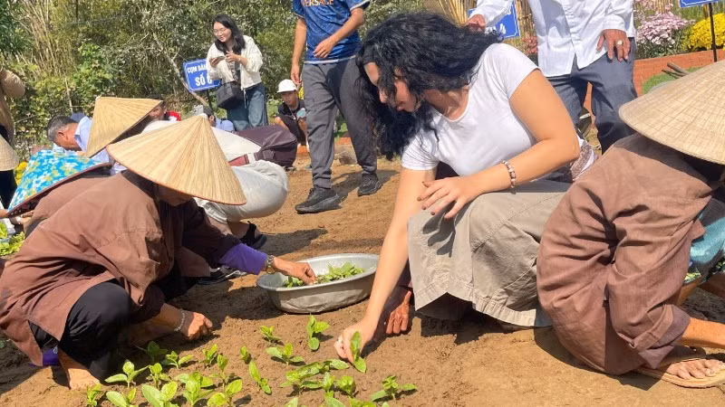 Des visiteurs internationaux participent à la plantation de légumes lors de la Fête du Cau Bong Tra Que, à Da Nang. 