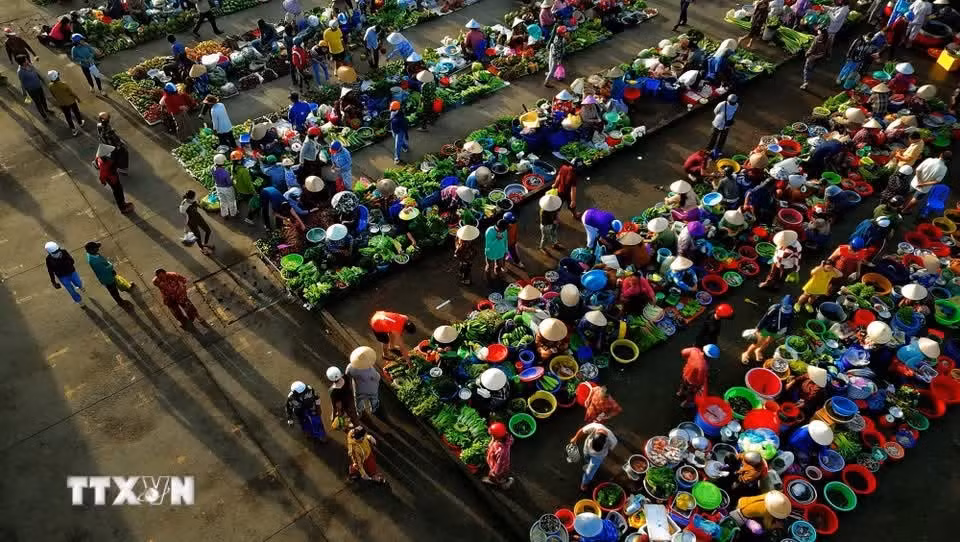 Le marché « chom hom » de Vi Thanh, avec ses étals colorés de produits frais et ses vendeurs en pleine activité, offre une scène animée et authentique de la vie quotidienne dans le delta du Mékong. Photo : VNA.