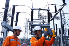 Des agents de PC Tay Ninh inspectent le système électrique de la sous-station 110 kV de Can Giuoc. Photo: VNA 