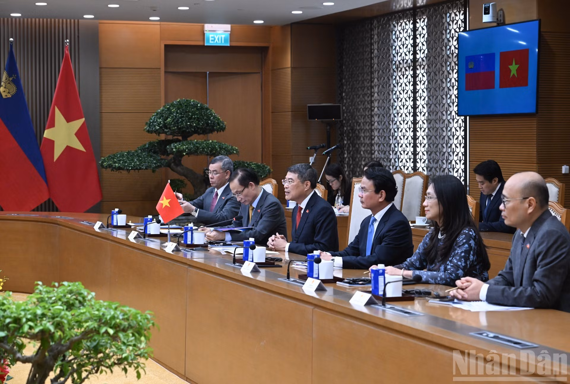 Le Premier ministre Le Minh Hung et les membres du gouvernement vietnamien s’entretiennent avec la Première ministre du Liechtenstein, Brigitte Haas. Photo : NDEL