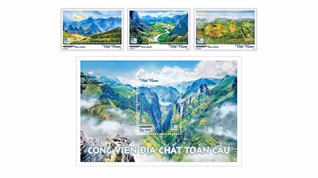 Collection de timbres sur trois géoparcs mondiaux au Vietnam. Photo : VNA.