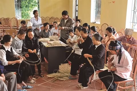 Cours d’apprentissage sur la fabrication d’articles en rotin et bambou dans le village de Phu Vinh, à Hanoï. Photo: VNA. 