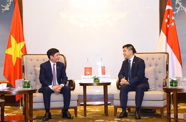 Le Président du Parlement singapourien, Tan Chuan-Jin (à droite), et le secrétaire général de l'Assemblée nationale (AN) vietnamienne, Bùi Van Cuong. Photo : VNA.