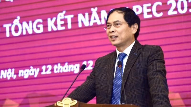 Le vice-ministre vietnamien des Affaires étrangères, Bùi Thanh Son, prend la parole lors de la réunion le 12 décembre pour faire le bilan de l’Année de l’APEC 2017. Photo: TGVN.