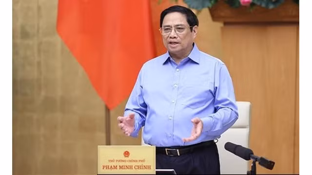 Le Premier ministre Pham Minh Chinh lors de la séance thématique du gouvernement, à Hanoi, le 24 août. Photo : VNA.