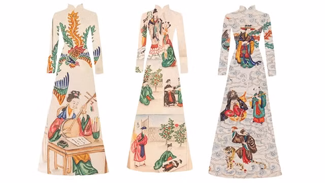 Une collection de l'« áo dài » (tunique traditionnelle vietnamienne) intitulée « Luc Vân Tiên - Kiêu Nguyêt Nga ». Photo : Vietnamnet.vn