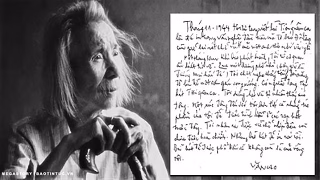 Le compositeur Van Cao (1923 - 1995) et son manuscrit racontant l'histoire de l'écriture de la chanson « Tiên quân ca » (Les troupes avancent). Photo : VNA.