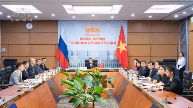 La délégaution vietnamienne participe à la réunion virtuelle. Photo : Quochoi.